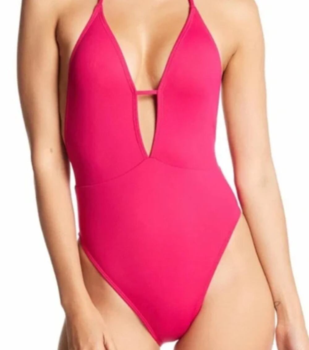 The Bikini Lab Fuchsia Pink Plunge Halter One Piece Swimsuit NWOT L